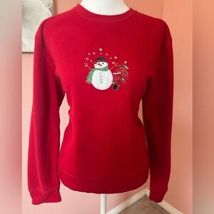 Y2K red Christmas sweatshirt whimsical simple cute snowmen embroidered bling M